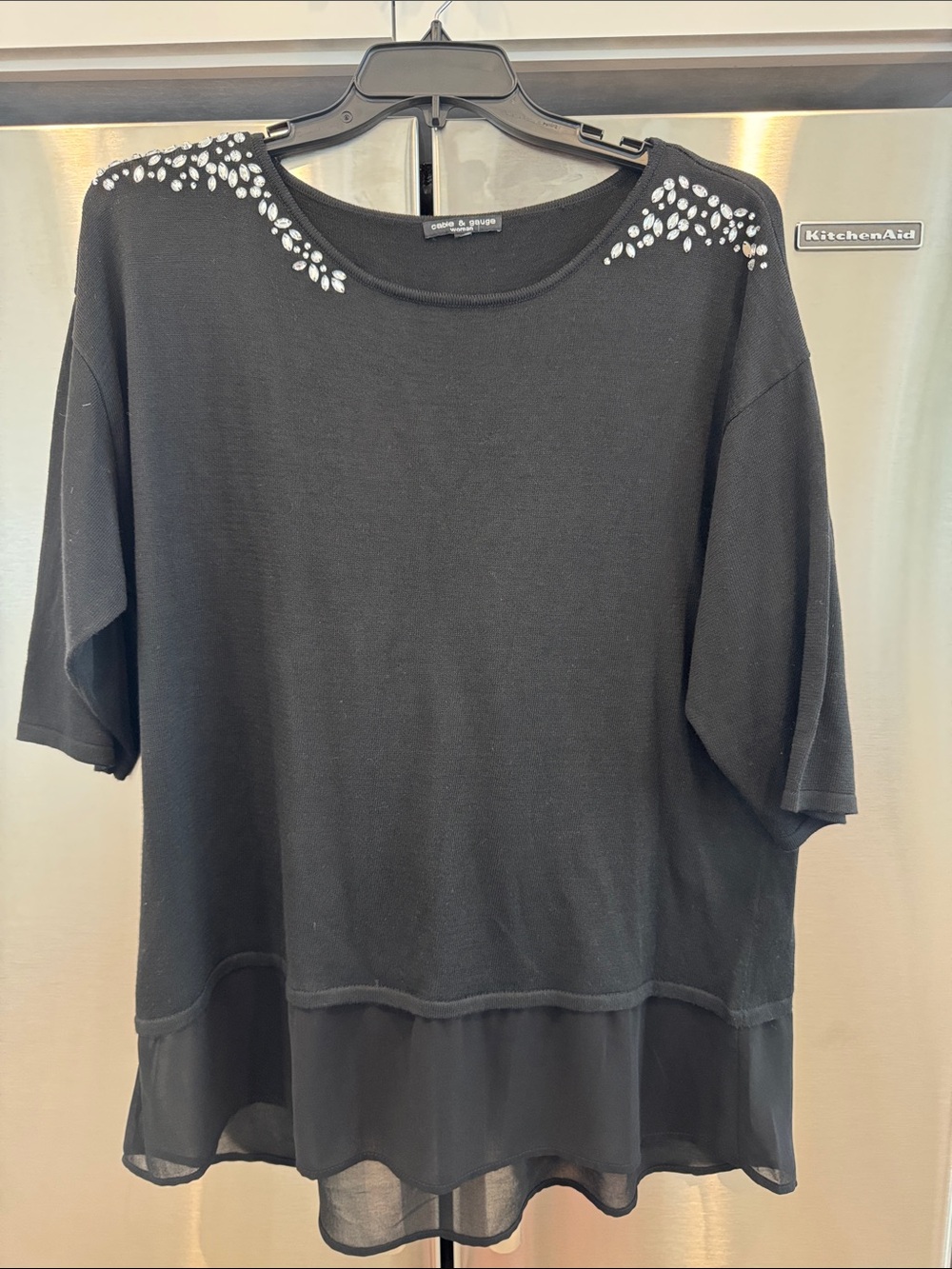 Cable & Gauge Black Short-Sleeve Top with Crystal Shoulder Accents